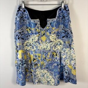 Carlisle Blue and Yellow Patterned Silk Midi Skirt 10
